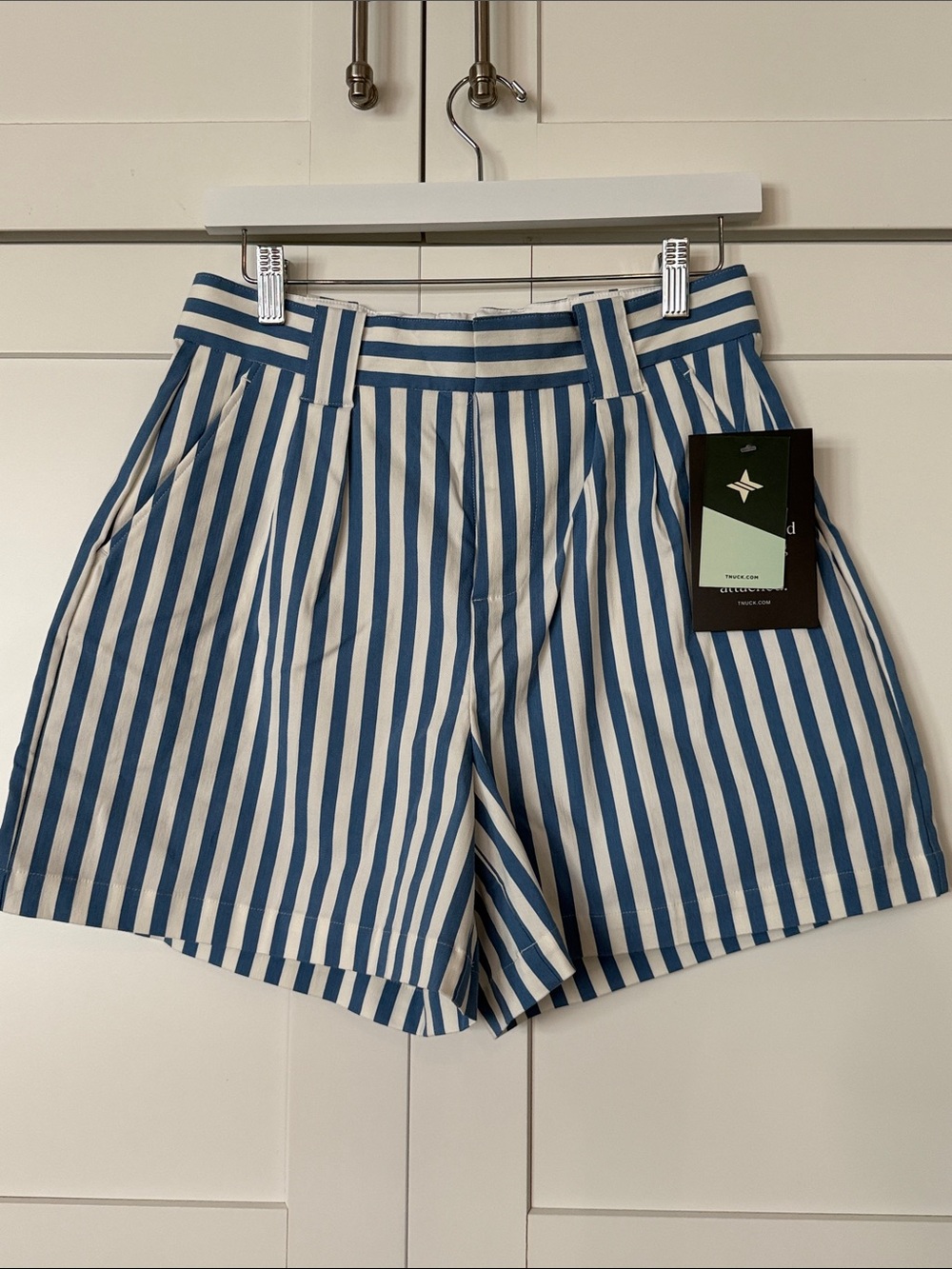 Tuckernuck Blue and White Vertical-Stripe High-Waist Shorts